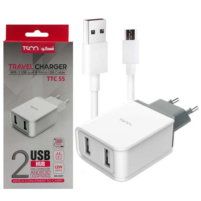 شارژر دیواری تسکو دو پورت مدل TTC55 با کابل Micro-USB